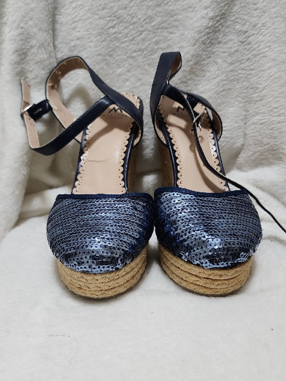 Navy Sequin Espadrille Wedge Sandals 8.5